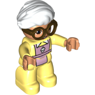 Visuel indicatif Rebrickable de Duplo figurine avec cheveux balancés blanc droit, avec des jambes jaune clair lumineux, motif imprimé tablier rose et lunettes brunes (Duplo Figure with Hair Swept Right White, with Bright Light Yellow Legs, Pink Apron Print and Brown Glasses)