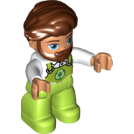 Visuel indicatif Rebrickable de Duplo figurine avec cheveux balancés à droite avec barbe brun rougeâtre, avec des jambes de vert citron, salopette imprimé (Duplo Figure with Hair Swept Right with Beard Reddish Brown, with Lime Legs, Overalls Print)