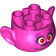 Tête de minifigurine spéciale, avec des oreilles et 4 tenons sur le dessus, avec le visage avec des yeux rouges, nez violet avec anneau de nez et sourire motif imprimé (poppy) (Minifig Head Special, with Ears and 4 Studs on Top, with Face with Red Eyes, Purple Nose with Nose Ring and Smile Print (Poppy))
