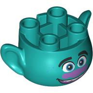 Tête de minifigurine spéciale, avec oreilles et 4 tenons sur le dessus, avec visage avec nez de lavande moyen et bouche ouverte sourire motif imprimé (branche) (Minifig Head Special, with Ears and 4 Studs on Top, with Face with Medium Lavender Nose and Open Mouth Smile Print (Branch))