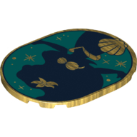 Visuel indicatif Rebrickable de Tuile ronde 6 x 8 avec contours Ariel bleu foncé, fond turquoise foncé, coquillages dorés motif imprimé (Tile Round 6 x 8 with Dark Blue Ariel Contours, Dark Turquoise Background, Golden Shells Print)
