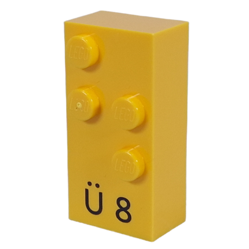 Visuel indicatif Rebrickable de Braille brique 2 x 4 avec motif imprimé 4 tenons ⠳ et 'Ü 8' (Braille Brick 2 x 4 with 4 Studs ⠳ and 'Ü 8' Print)