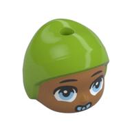 Tête de bébé mini-poupée avec chapeau de vert citron, yeux bleu clair vif, tétine motif imprimé (Minidoll Baby Head with Lime Cap, Bright Light Blue Eyes, Pacifier Print)