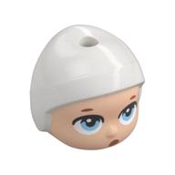 Tête de bébé mini-poupée avec chapeau de vert citron, yeux bleu clair vif, motif imprimé surpris (Minidoll Baby Head with Lime Cap, Bright Light Blue Eyes, Surprised Print)
