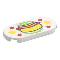 Visuel indicatif Rebrickable de Tuile ronde 2 x 4 avec hot-dog sur forme de vert citron soleil, étoiles jaunes/rouges motif imprimé (Tile Round 2 x 4 with hot Dog on Lime Sun Shape, Yellow/Red Stars Print)