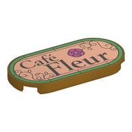 Visuel indicatif Rebrickable de Tuile ronde 2 x 4 avec 'Café Fleur' sur fond nougat, motif imprimé de bordure en verre teinté vert (Tile Round 2 x 4 with 'Café Fleur' on Nougat Background, Green Stained Glass Border Print)