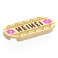 Visuel indicatif Rebrickable de Tuile ronde 2 x 4 avec rouge foncé 'HEIHEI', fleurs roses, points turquoise foncé, motif imprimé montagnes (Tile Round 2 x 4 with Dark Red 'HEIHEI', Pink Flowers, Dark Turquoise Dots, Mountains Print)