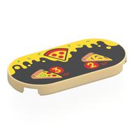 Visuel indicatif Rebrickable de Tuile ronde 2 x 4 avec tranches de pizza, jaune '3', '2' en cercle rouge, fond noir avec motif imprimé de fromage fondant jaune (Tile Round 2 x 4 with Pizza Slices, Yellow '3', '2' in Red Circle, Black Background with Yellow Melting Cheese Print)