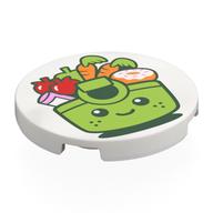 Visuel indicatif Rebrickable de Tuile ronde 3 x 3 avec sac à provisions en vert citron avec visage, motif imprimé d'épicerie (Tile Round 3 x 3 with Lime Shopping Bag with Face, Groceries Print)