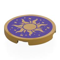 Visuel indicatif Rebrickable de Tuile ronde 3 x 3 avec soleil d'or, étoiles sur fond violet foncé motif imprimé (Tile Round 3 x 3 with Gold Sun, Stars on Dark Purple Background Print)