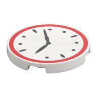 Visuel indicatif Rebrickable de Tuile ronde 3 x 3 avec horloge, motif imprimé bordure rouge (Tile Round 3 x 3 with Clock, Red Border Print)