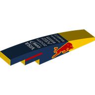 Visuel indicatif Rebrickable de Brique courbée 1 x 6 avec taureau rouge sur les côtés, sponsors blancs sur fond bleu foncé motif imprimé (Brick Curved 1 x 6 with Red Bull On Sides, White Sponsors on Dark Blue Background Print)