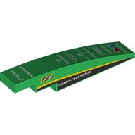 Visuel indicatif Rebrickable de Brique courbée 1 x 6 avec côtés noirs, rayures jaunes, blanc Sponsors motif imprimé (Brick Curved 1 x 6 with Black Sides, Yellow Stripes, White Sponsors Print)