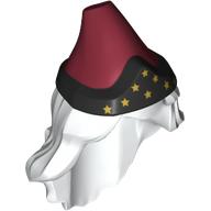 Visuel indicatif Rebrickable de Cheveux et chapeau, longs cheveux ondulés, chapeau rouge foncé avec motif de bande noire, étoiles d'or imprimé (Hair and Hat, Long Wavy Hair, Dark Red Hat with Black Band Pattern, Gold Stars Print)
