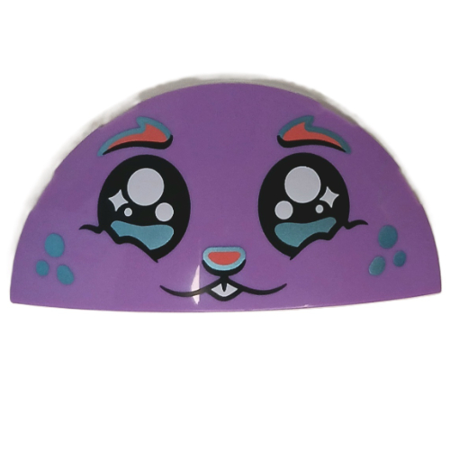Visuel indicatif Rebrickable de Brique ronde 3 x 6 demi-cercle avec visage de lapin, yeux noirs, larmes, taches bleues métalliques, nez de corail, motif imprimé sourcils (Brick Round 3 x 6 Half Circle with Bunny Face, Black Eyes, Tears, Metallic Blue Spots, Coral Nose, Eyebrows Print)