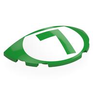 Visuel indicatif Rebrickable de Brique ronde 3 x 6 demi-cercle avec vert vif 'L' en motif imprimé cercle blanc (Brick Round 3 x 6 Half Circle with Bright Green 'L' in White Circle Print)