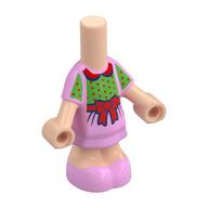 Robe courte corps micro-poupée rose vif avec chemise verte, points rouges, motif imprimé arc, nougat clair bras et jambes (Microdoll Body Short Dress Bright Pink with Green Shirt, Red Dots, Bow Print, Light Nougat Arms and Legs)
