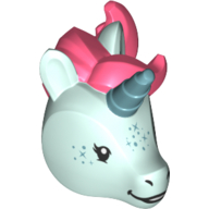 Tête de minifigurine spéciale, licorne avec corne d'azur moyen, motif imprimé crinière de corail (Minifig Head Special, Unicorn with Medium Azure Horn, Coral Mane Print)