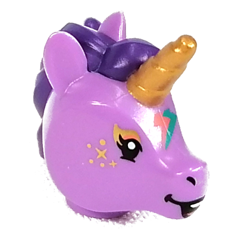 Tête de minifigurine spéciale, licorne avec corne d'or, crinière violet foncé, turquoise foncé/corail éclair motif imprimé (Minifig Head Special, Unicorn with Gold Horn, Dark Purple Mane, Dark Turquoise/Coral Lightning Bolt Print)