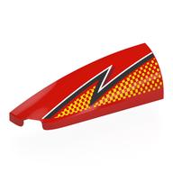 Visuel indicatif Rebrickable de Brique ronde, courbée double 1 x 4 avec encoche gauche avec éclair noir / blanc, motif imprimé de points orange clair vif (Brick Round, Curved Double 1 x 4 with Stud Notch Left with Black/White Lightning, Bright Light Orange Dots Print)
