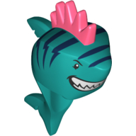 Tête de minifigurine spéciale, requin à la peau turquoise foncée, rayures bleu foncé, sourire avec les dents, motif imprimé nageoire à pointes (Minifig Head Special, Shark with Dark Turquoise Skin, Dark Blue Stripes, Grin with Teeth, Spiked Fin Print)