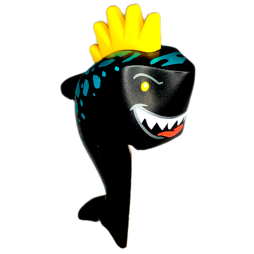 Tête de minifigurine Spécial, Requin à rayures turquoise foncées, bouche ouverte avec dents, langue, motif à pointes jaunes (Minifig Head Special, Shark with Dark Turquoise Stripes, Open Mouth with Teeth, Tongue, Yellow Spiked Fin Print)