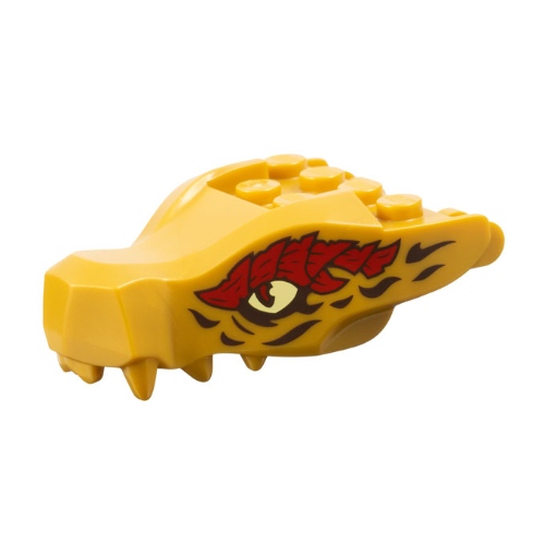 Visuel indicatif Rebrickable de Partie du corps de la créature, tête de dragon mâchoire supérieure avec yeux jaune clair lumineux, rouge foncé / noir Marquages motif imprimé (Creature Body Part, Dragon Head Upper Jaw with Bright Light Yellow Eyes, Dark Red/Black Markings Print)