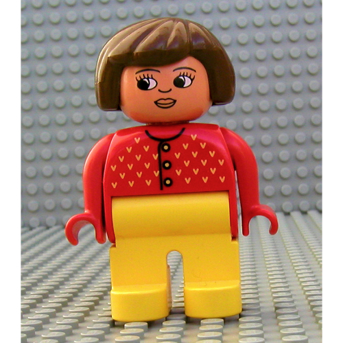 Visuel indicatif Rebrickable de Figurine Duplo, tôt, cheveux bob brun, jambes jaunes, jaune 'v's, et le nez pointant vers le bas motif imprimé (Duplo Figure, Early, Hair Bob Brown, Yellow Legs, Yellow 'V's, and Nose Pointing Down Print)
