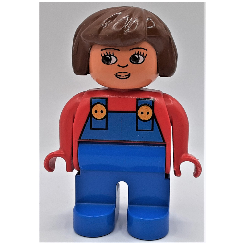 Visuel indicatif Rebrickable de Figurine Duplo, tôt, cheveux bob marron, jambes bleues, salopette bleue, nez tourné motif imprimé (Duplo Figure, Early, Hair Bob Brown, Blue Legs, Blue Overalls, Turned Down Nose Print)