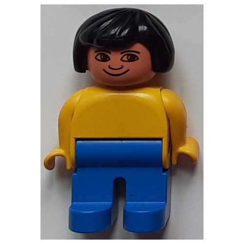 Visuel indicatif Rebrickable de Figurine Duplo, tôt, cheveux bob noir, jambes bleues, uni haut (Duplo Figure, Early, Hair Bob Black, Blue Legs, Plain Top)