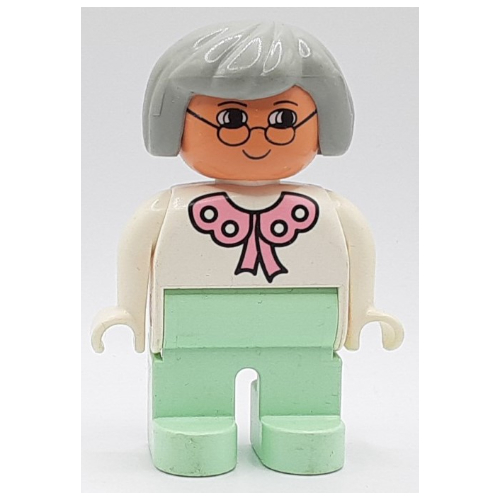 Visuel indicatif Rebrickable de Duplo figurine, tôt, cheveux bob gris clair, jambes vert clair, collier de dentelle rose, lunettes imprimé (Duplo Figure, Early, Hair Bob Light Gray, Light Green Legs, Pink Lace Collar, Glasses Print)