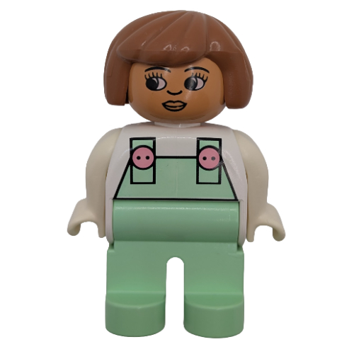 Visuel indicatif Rebrickable de Duplo figurine, début, cheveux bob Fabuland brun, jambes vert clair, salopette vert clair avec des boutons roses motif imprimé (Duplo Figure, Early, Hair Bob Fabuland Brown, Light Green Legs, Light Green Overalls with Pink Buttons Print)