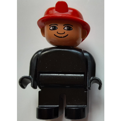 Visuel indicatif Rebrickable de Figurine Duplo, tôt, casque de feu rouge, jambes noires, yeux blancs motif imprimé (Duplo Figure, Early, Fire Helmet Red, Black Legs, White Eyes Print)