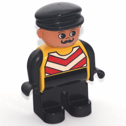 Visuel indicatif Rebrickable de Figurine Duplo, tôt, avec chapeau plat noir, jambes noires, bras noirs, motif imprimé gilet chevron (Duplo Figure, Early, with Flat Cap Black, Black Legs, Black Arms, Chevron Vest Print)