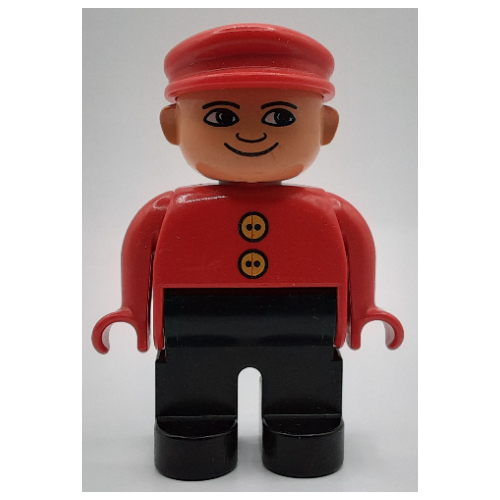Visuel indicatif Rebrickable de Figurine Duplo, tôt, avec chapeau plat rouge, jambes noires, 2 boutons jaunes, yeux blancs motif imprimé (Duplo Figure, Early, with Flat Cap Red, Black Legs, 2 Yellow Buttons, White Eyes Print)