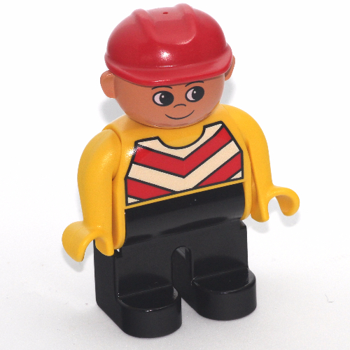 Visuel indicatif Rebrickable de Duplo figurine, tôt, casque de chantier rouge, jambes noires, gilet chevron, jaune bras motif imprimé (Duplo Figure, Early, Hard Hat Red, Black Legs, Chevron Vest, Yellow Arms Print)