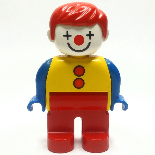 Visuel indicatif Rebrickable de Figurine Duplo, précoce, avec des cheveux courts, des jambes rouges, des boutons rouges, des bras bleus et un motif imprimé Clown Face (Duplo Figure, Early, with Short Parted Hair Red, Red Legs, Red Buttons, Blue Arms, and Clown Face Print)