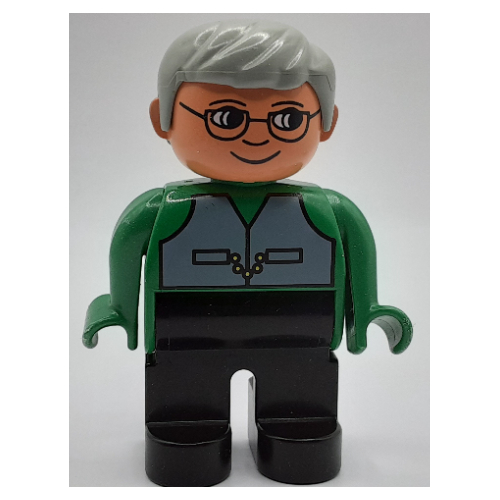 Visuel indicatif Rebrickable de Figurine Duplo, tôt, avec cheveux courts séparés gris clair, jambes noires, gilet gris, nez, lunettes motif imprimé (Duplo Figure, Early, with Short Parted Hair Light Gray, Black Legs, Gray Vest, Nose, Glasses Print)