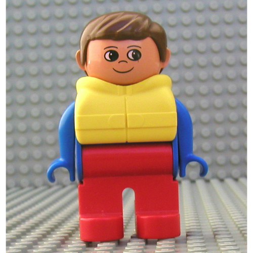 Visuel indicatif Rebrickable de Figurine Duplo, tôt, avec cheveux courts coupés en brun, jambes rouges, gilet de sauvetage jaune (Duplo Figure, Early, with Short Parted Hair Brown, Red Legs, Yellow Life Jacket)