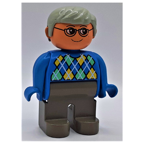 Visuel indicatif Rebrickable de Figurine Duplo, tôt, avec cheveux courts séparés gris clair, jambes gris foncé, pull argyle imprimé (Duplo Figure, Early, with Short Parted Hair Light Gray, Dark Gray Legs, Argyle Sweater Print)