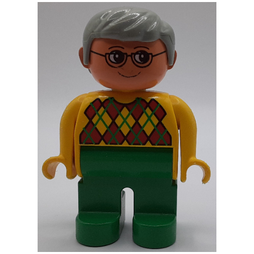 Visuel indicatif Rebrickable de Figurine Duplo, tôt, avec cheveux courts séparés gris clair, jambes vertes, pull argyle imprimé (Duplo Figure, Early, with Short Parted Hair Light Gray, Green Legs, Argyle Sweater Print)