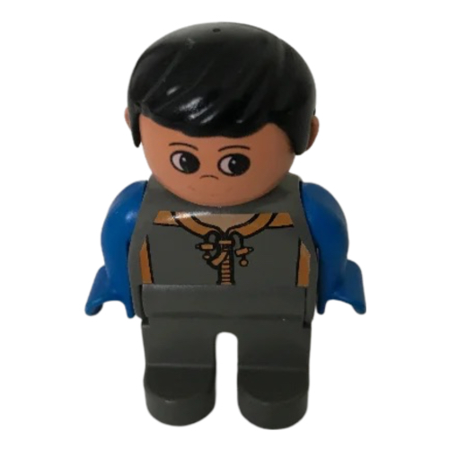 Visuel indicatif Rebrickable de Figurine Duplo, tôt, avec cheveux courts séparés noir, jambes gris foncé, bras bleus, motif imprimé chemise (Duplo Figure, Early, with Short Parted Hair Black, Dark Gray Legs, Blue Arms, Shirt Print)