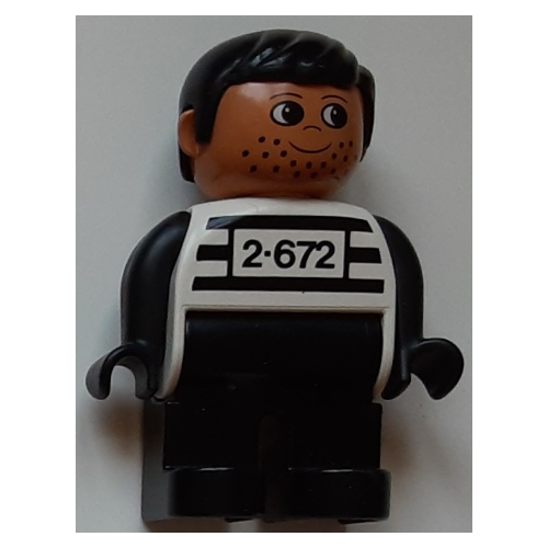 Visuel indicatif Rebrickable de Figurine Duplo, précoce, avec cheveux courts, noirs, jambes noires, bras noirs, rayures noires et motif imprimé '2-672' (criminel) (Duplo Figure, Early, with Short Parted Hair Black, Black Legs, Black Arms, Black Stripes and '2-672' Print (Criminal))
