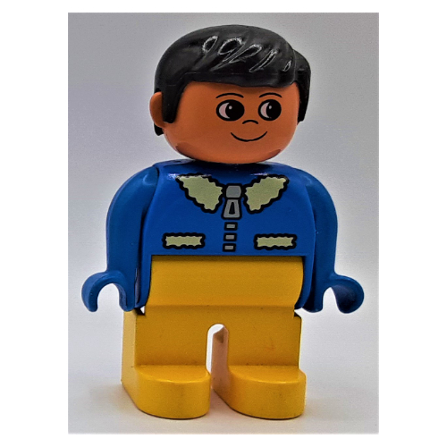 Visuel indicatif Rebrickable de Figurine Duplo, tôt, avec cheveux courts séparés noir, jambes jaunes, veste avec fermeture à glissière et col en fourrure motif imprimé (Duplo Figure, Early, with Short Parted Hair Black, Yellow Legs, Jacket with Zipper and Fur Collar Print)
