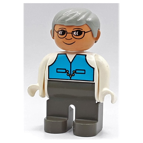 Visuel indicatif Rebrickable de Figurine Duplo, tôt, avec cheveux courts séparés gris clair, jambes gris foncé, gilet bleu moyen, lunettes motif imprimé (Duplo Figure, Early, with Short Parted Hair Light Gray, Dark Gray Legs, Medium Blue Vest, Glasses Print)