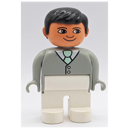 Visuel indicatif Rebrickable de Figurine Duplo, tôt, avec cheveux courts séparés noir, jambes blanches, boutons, motif imprimé cravate vert clair (Duplo Figure, Early, with Short Parted Hair Black, White Legs, Buttons, Light Green Tie Print)
