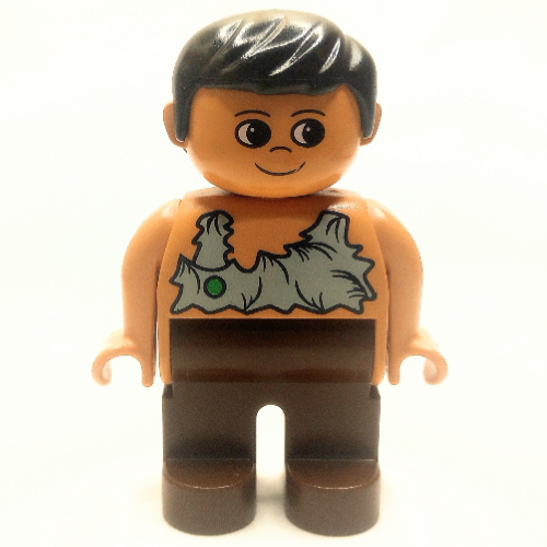 Visuel indicatif Rebrickable de Figurine Duplo, tôt, avec cheveux courts séparés noir, jambes brunes, chemise en chiffon avec motif imprimé tache verte (cavéman) (Duplo Figure, Early, with Short Parted Hair Black, Brown Legs, Rag Shirt with Green Spot Print (Caveman))