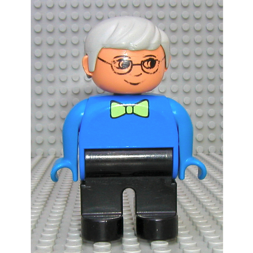 Visuel indicatif Rebrickable de Figurine Duplo, tôt, avec cheveux courts séparés gris clair, jambes noires, noeud papillon vert citron lumière, lunettes motif imprimé (Duplo Figure, Early, with Short Parted Hair Light Gray, Black Legs, Light Lime Bow Tie, Glasses Print)