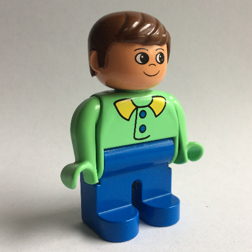 Visuel indicatif Rebrickable de Figurine Duplo, tôt, avec cheveux courts coupés en brun, jambes bleues, boutons bleus et motif imprimé col vert citron (Duplo Figure, Early, with Short Parted Hair Brown, Blue Legs, Blue Buttons and Lime Collar Print)