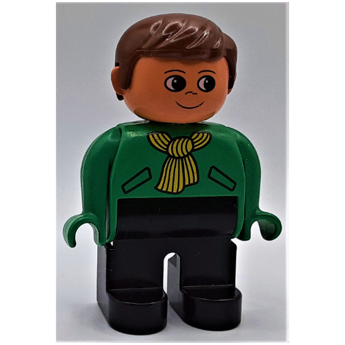 Visuel indicatif Rebrickable de Figurine Duplo, tôt, avec cheveux courts coupés marron, jambes noires, motif imprimé écharpe jaune (Duplo Figure, Early, with Short Parted Hair Brown, Black Legs, Yellow Scarf Print)